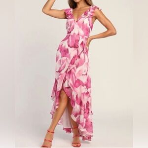 Lulu's Pink & White Floral Ruffled High-Low Wrap Dress